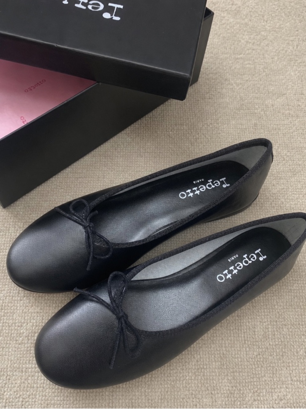 Repetto Black Leather Ballet Flats with Bow Trim